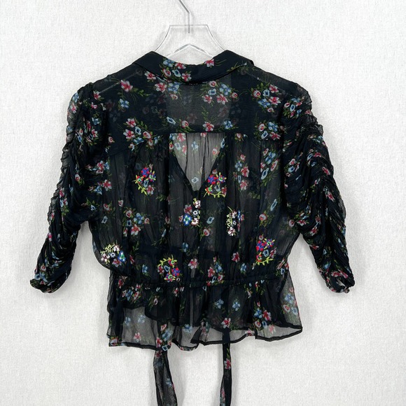 FREE PEOPLE Buttercup Embellished Button Down Top Womens XS Black Sheer Floral - Picture 3 of 12